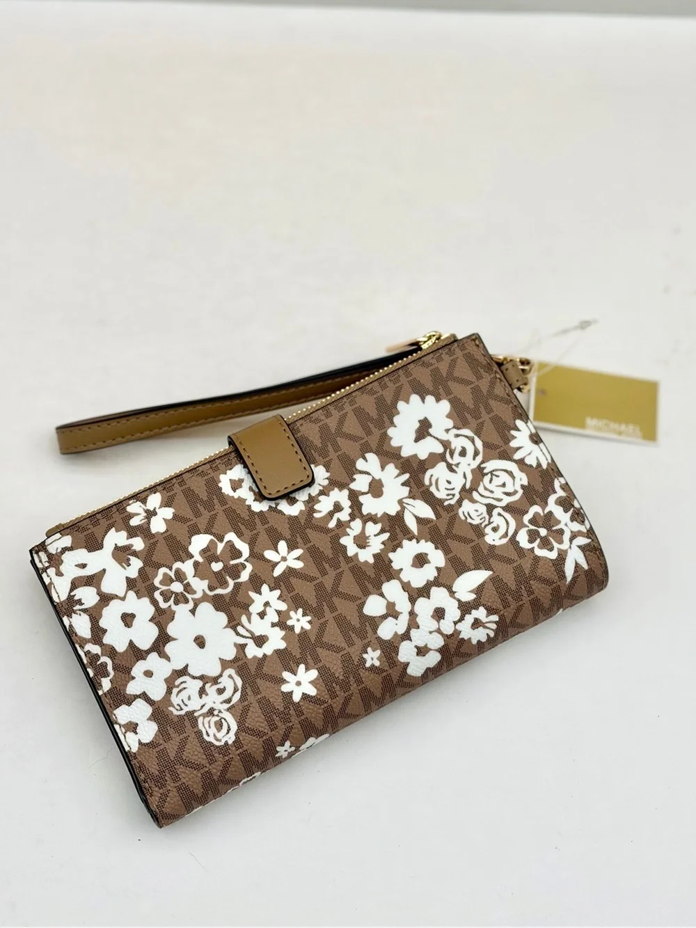 Michael Kors Brown & White Floral Logo Wristlet